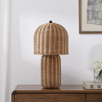 Minna 22.5" Modern Coastal Woven Rattan Arched LED Table Lamp